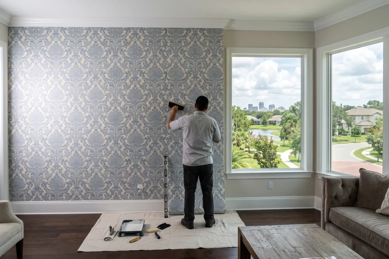 Installer smoothing a new panel of patterned wallpaper on a living room wall